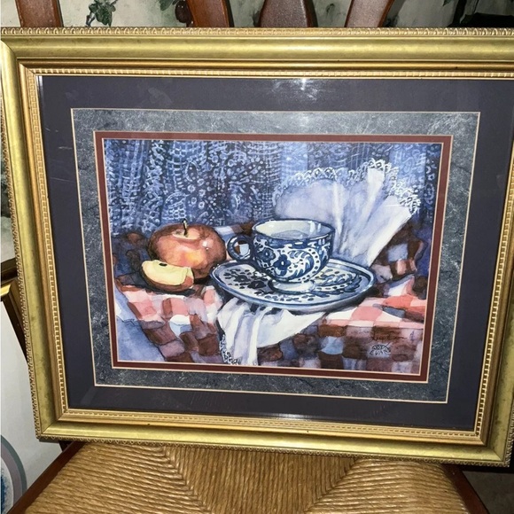 Vintage Joy Evans Blue Porcelian Tea Cup Signed, Framed & Matted Print 🍎 - Picture 9 of 9